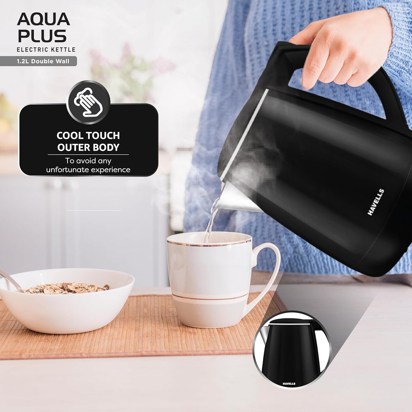 Havells Aqua Plus 1.2 litre Double Wall Kettle | 1250W | Black | Wider Mouth |
