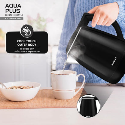 Havells Aqua Plus 1.2 litre Double Wall Kettle | 1250W | Black | Wider Mouth |