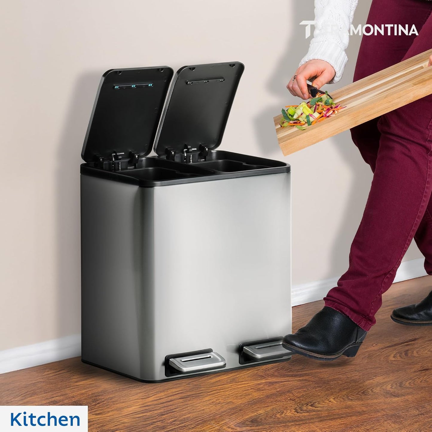 Tramontina 2-in-1 Dual Compartment Dustbin 16L (8L+8L) | Stainless Steel Wet & Dry Trash | Removable Inner Buckets |
