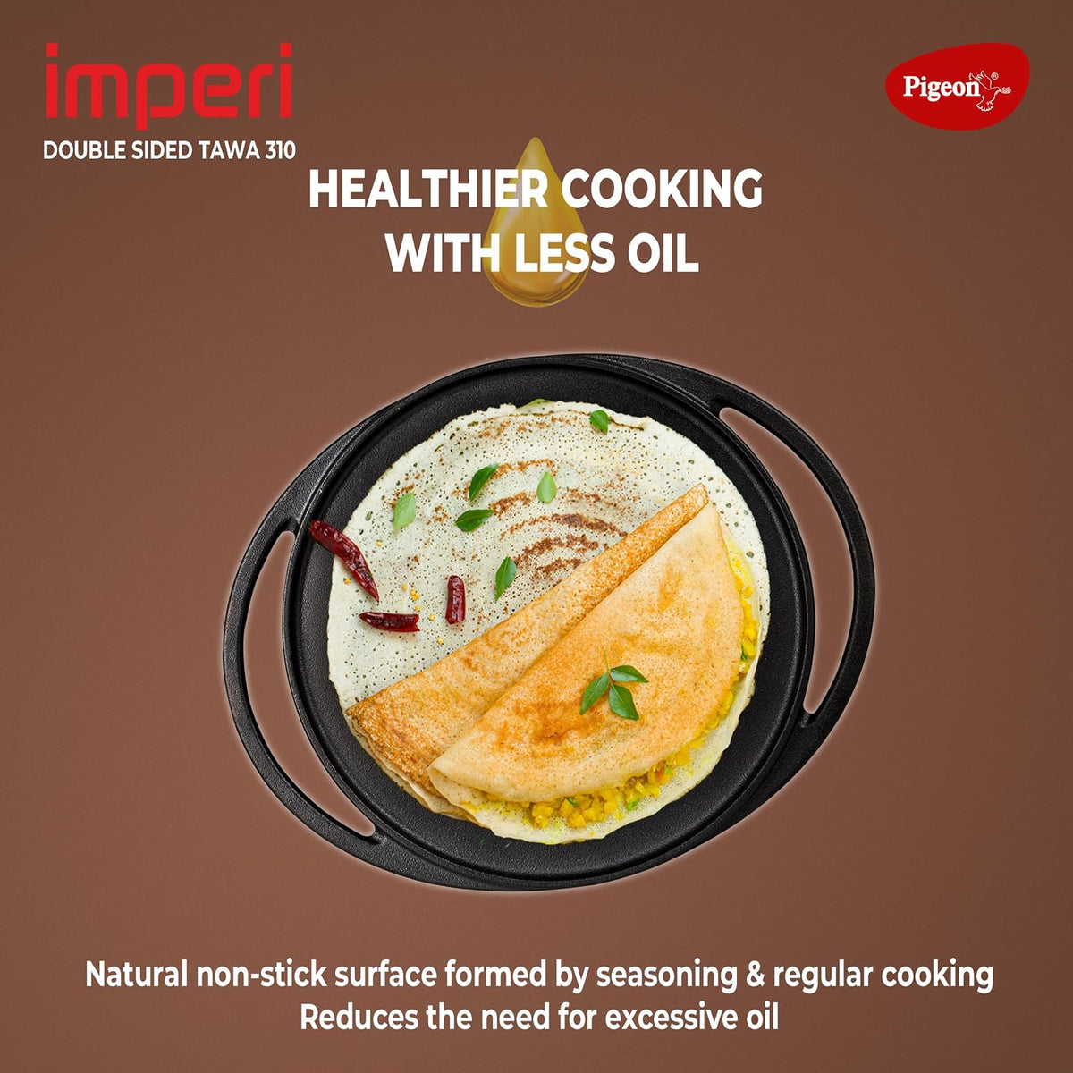 Pigeon Imperi Cast iron Double Side Tawa | 310 mm | Pre-Seasoned | Toxin free | Strong & Durable |