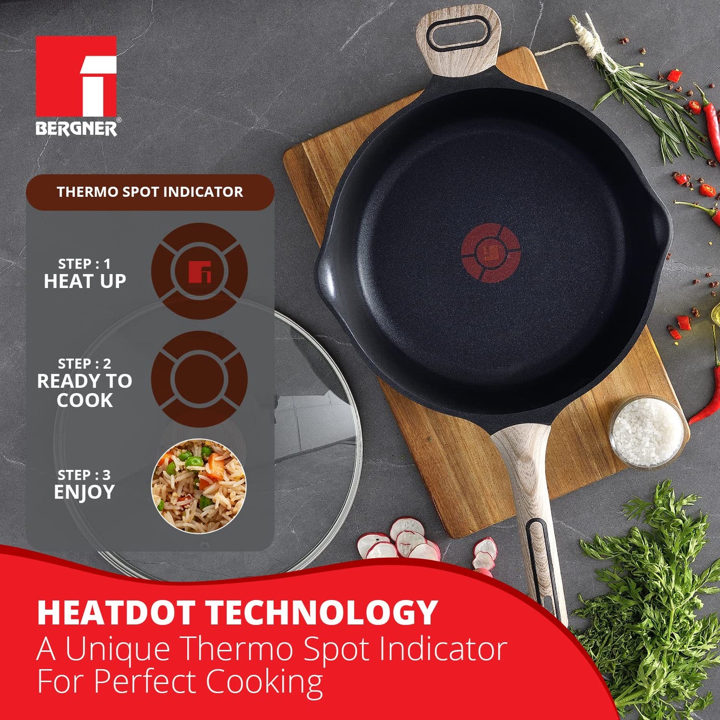 Bergner Ultimate Non-Stick Deep Frypan with Glass Lid | 1.8Litre | Heatdot Technology & Induction Base | Grey |
