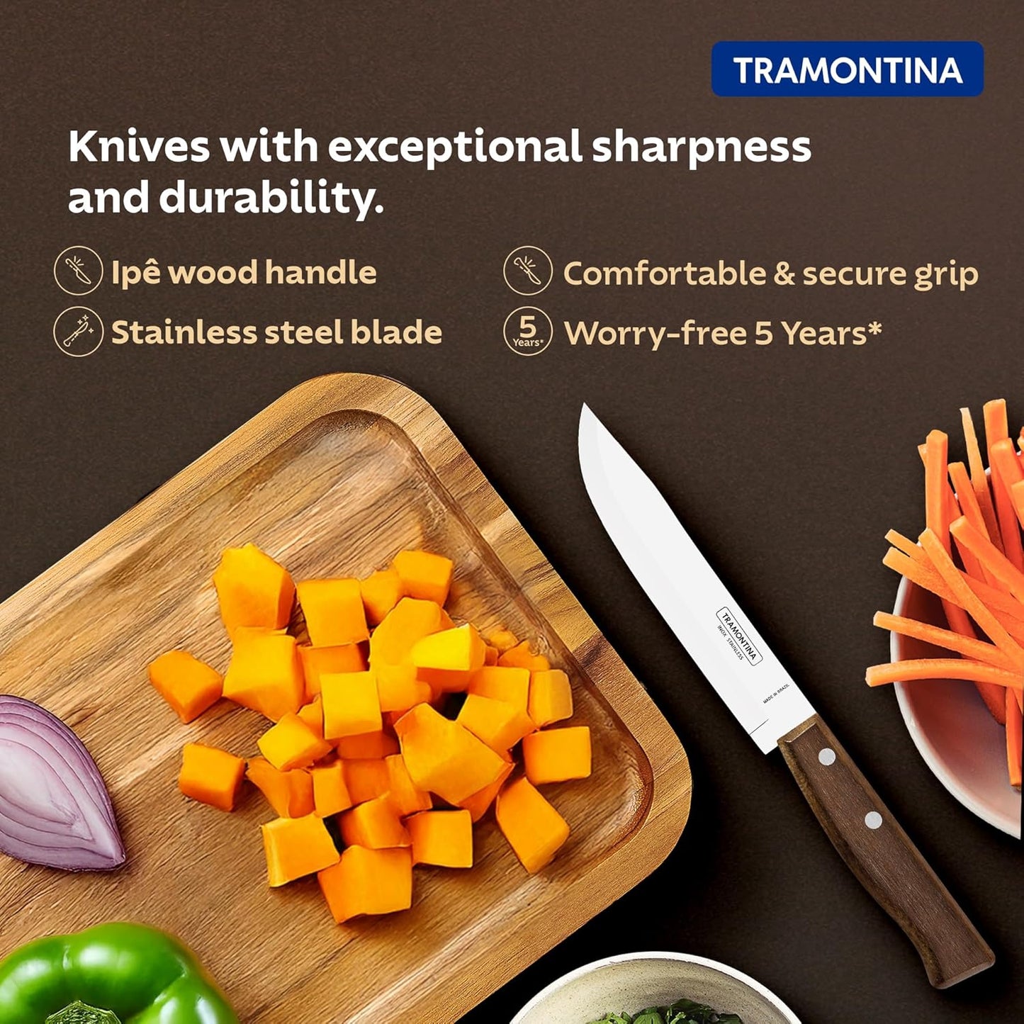 Tramontina Tradicional Multipurpose Kitchen Knife | 15 cm Stainless Steel Blade | Wooden Handle | Heavy-Duty Everyday Kitchen Essential | 5-Year Warranty |