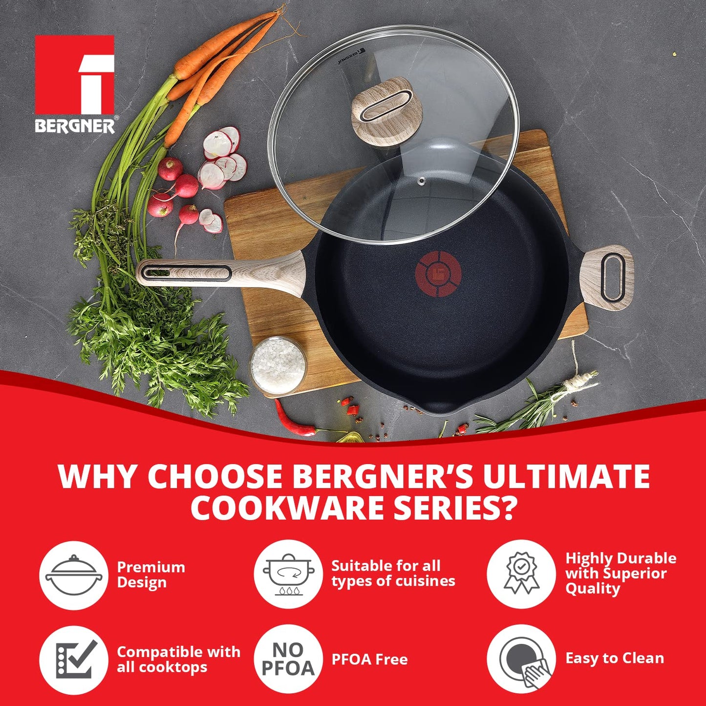 Bergner Ultimate Non-Stick Deep Frypan with Glass Lid | 1.8Litre | Heatdot Technology & Induction Base | Grey |