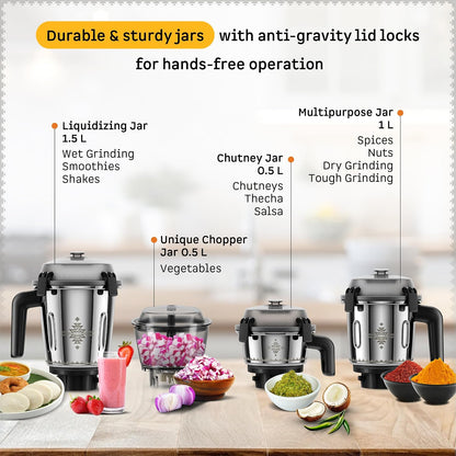 Atomberg Tavi Mixer Grinder | 4 Jars Including Chopper Jar | Unique Coarse Mode for Silbatta-Like Texture |
