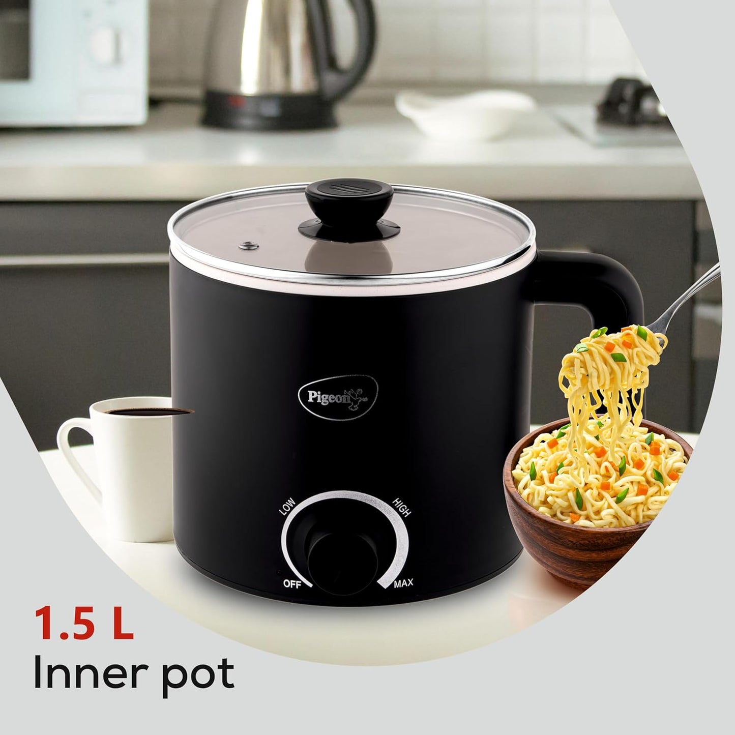 Pigeon Swift Multicook Kettle | 1.5 Litre | Food Grade Stainless Steel Inner Wall | Glass Lid |