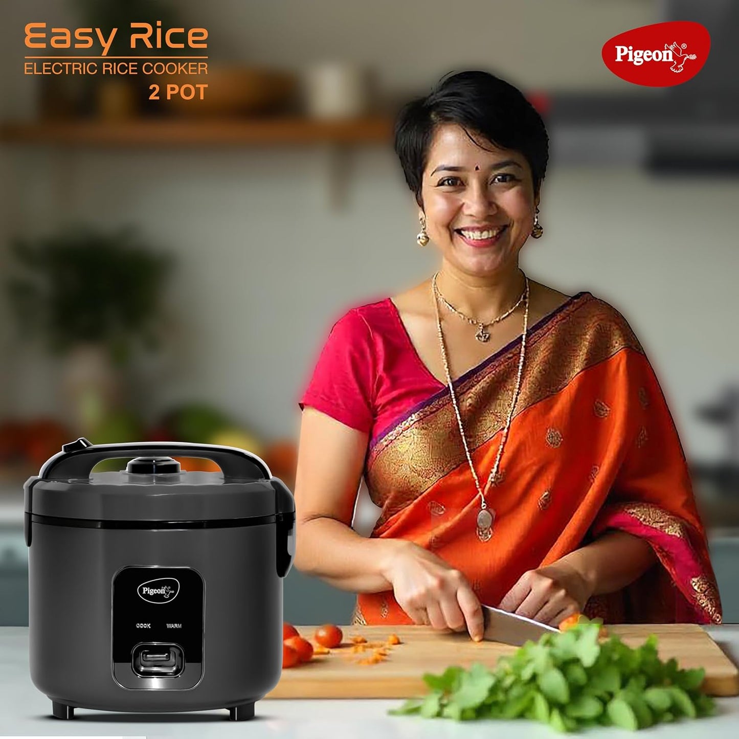 Pigeon Deluxe  Rice Cooker | Grey | 2 Pots | 3 L |  Keep Warm Function | Steam Basket | Measuring Cup & Spatula |