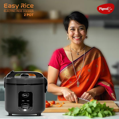 Pigeon Deluxe  Rice Cooker | Grey | 2 Pots | 3 L |  Keep Warm Function | Steam Basket | Measuring Cup & Spatula |