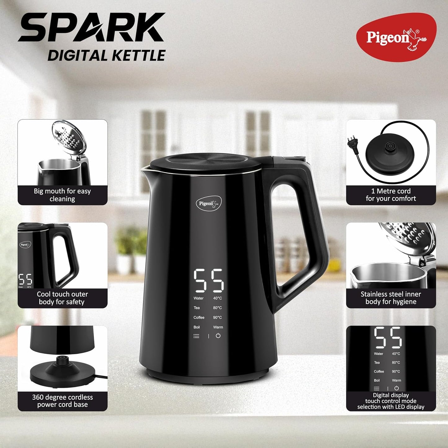 Pigeon Spark Digital Stainless Steel Double Walled Kettle | 1.5 Litre | 360 Degree Cordless | Black |