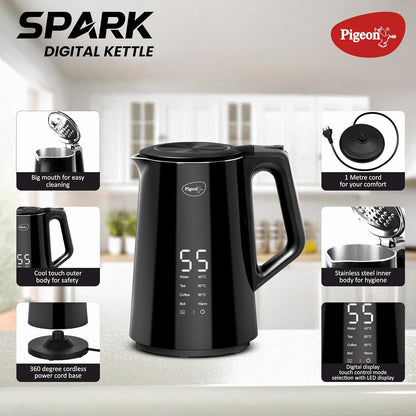 Pigeon Spark Digital Stainless Steel Double Walled Kettle | 1.5 Litre | 360 Degree Cordless | Black |