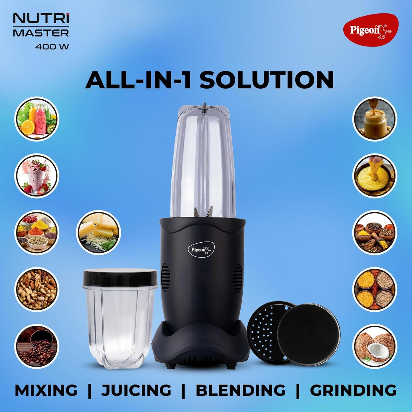 Pigeon Nutri Master 2 Jars | Stainless Steel | Mixer Grinder, Juicer, Blender, Smoothie Maker All-In-1 Machine |
