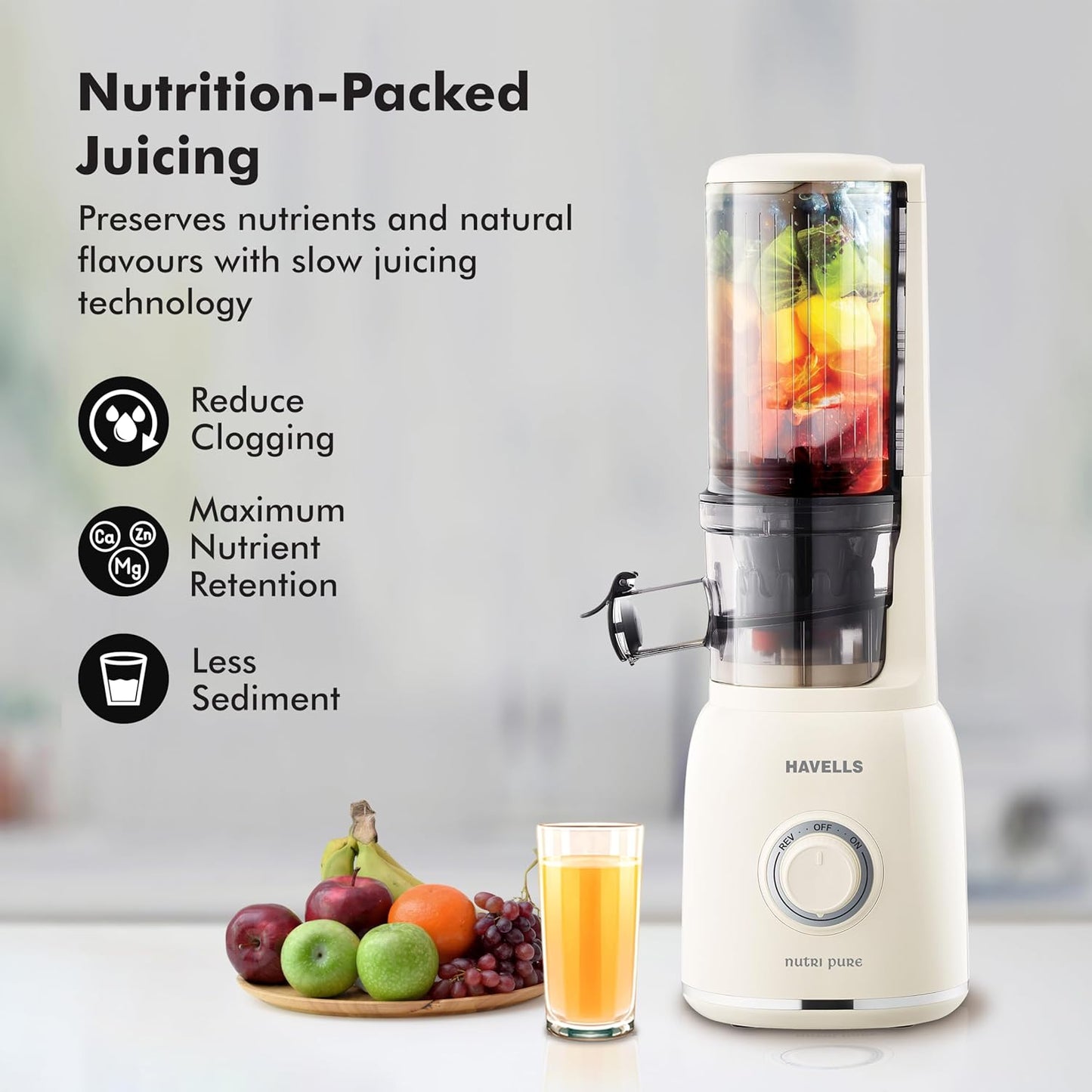 Havells Nutri Pure Cold Press Juicer | Low Noise Motor | White |