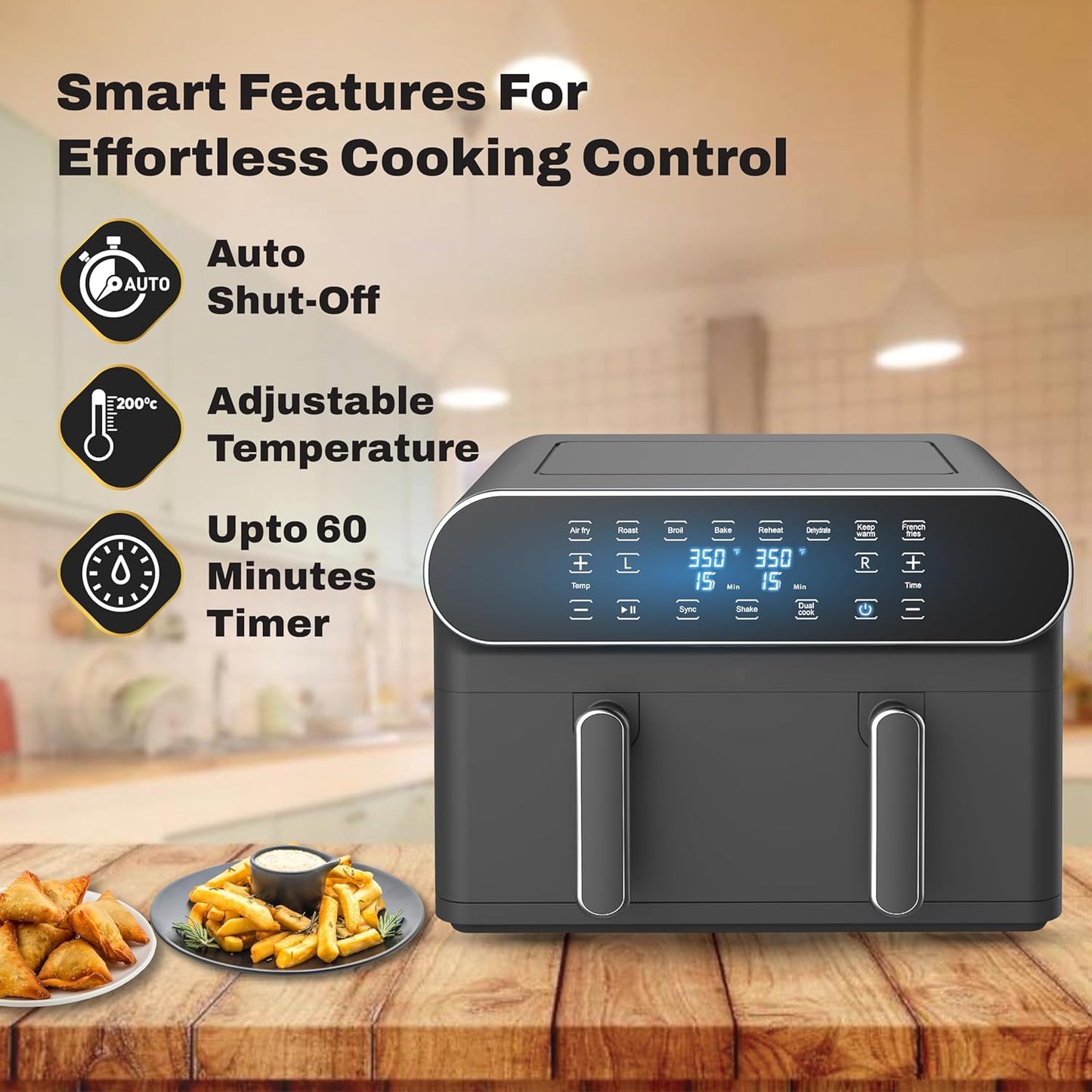 Havells Air Fryer Prolife Delicia 1700 W | Dual Basket Air Fryer | 10.5L Pan | 8 Auto Preset Menu | Digital Touch Control ||