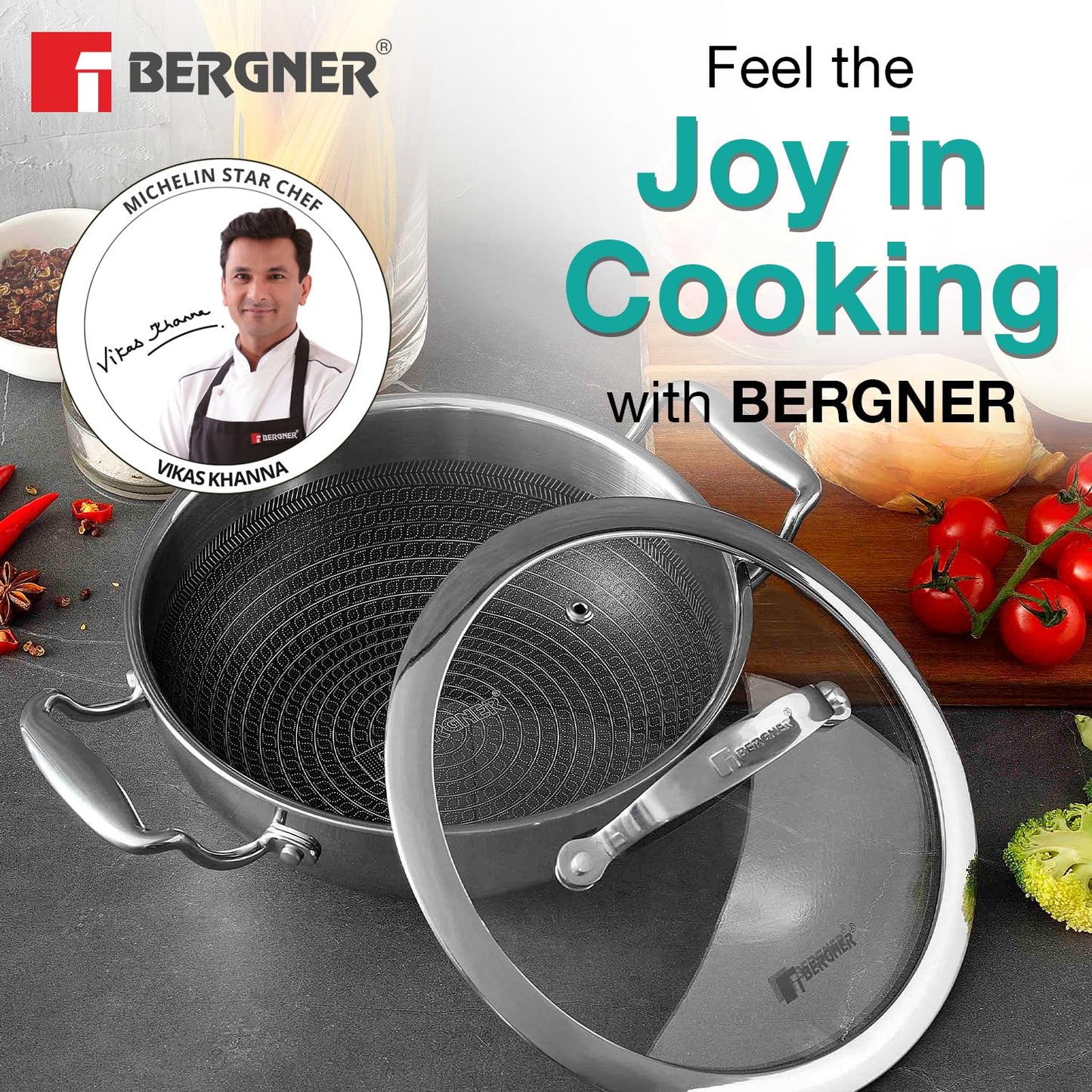 Bergner Hi-Tech TriPly Stainless Steel Kadai with Glass Lid | 20cm | 1.5 L | Non-Stick Coating |