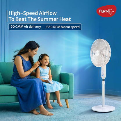 Pigeon BLDC Pedestal Fan with Remote | High Speed Airflow | 5 Blades | Lightweight & Portable |