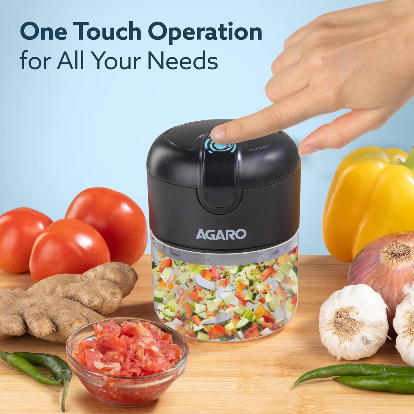 Agaro Elite Mini Rechargeable Mini Electric Chopper | Black | 1 Touch Operation | Black |
