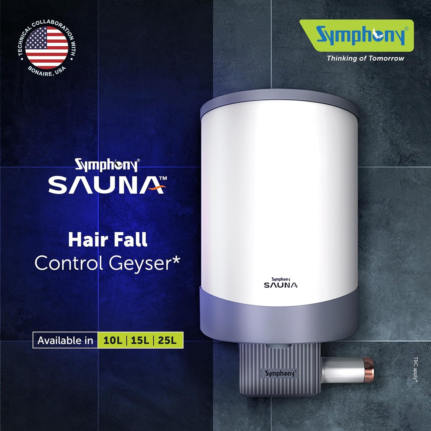 Symphony Sauna Geyser with PUROPOD Filter | White | Hairfall Control Smart Geyser
