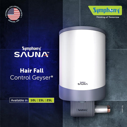 Symphony Sauna Geyser with PUROPOD Filter | White | Hairfall Control Smart Geyser