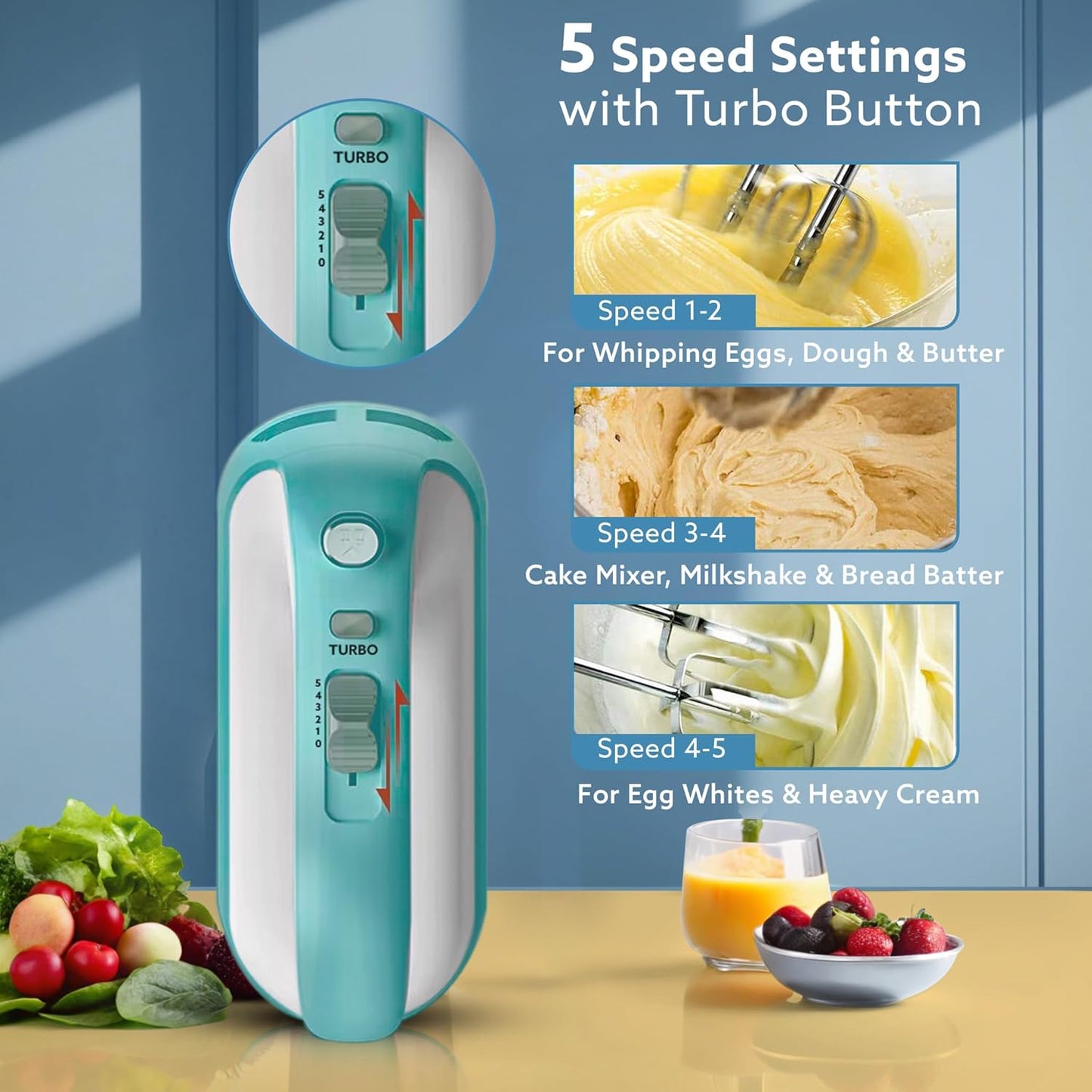 Agaro Regency 300W Hand Mixer | 5 speed | Beater & Dough Hooks | Sea Green |