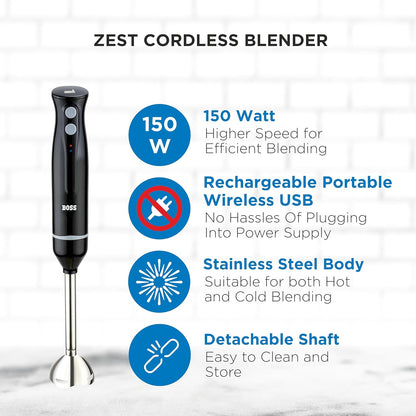 BOSS Zest Cordless Hand Blender | 150-Watts | Black | - Infinia Home and Kitchen
