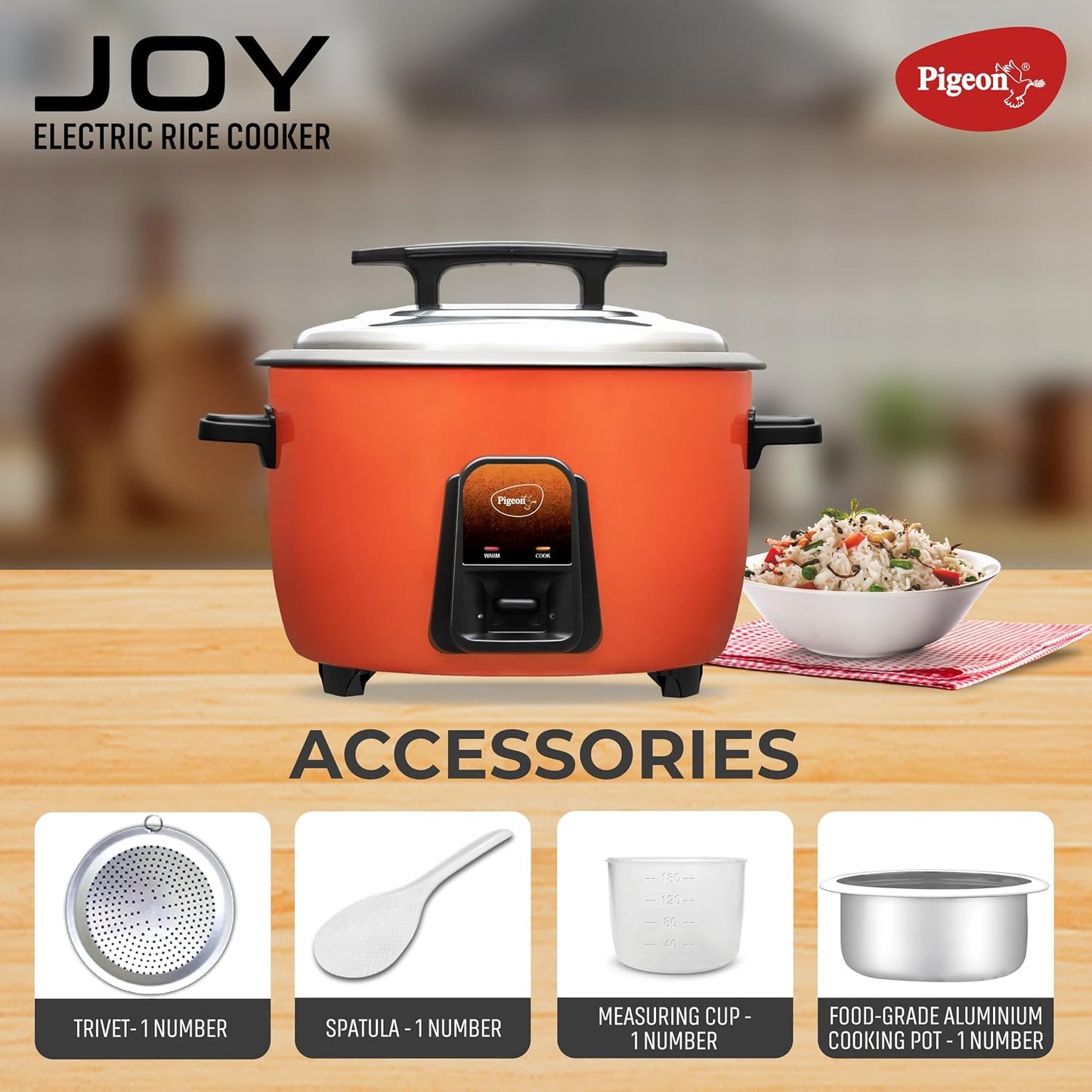 Pigeon Joy Rice Cooker | Single Pot | Orange | 4.2 litres | Stainless Steel Lid | Measuring Cup | Spatula |