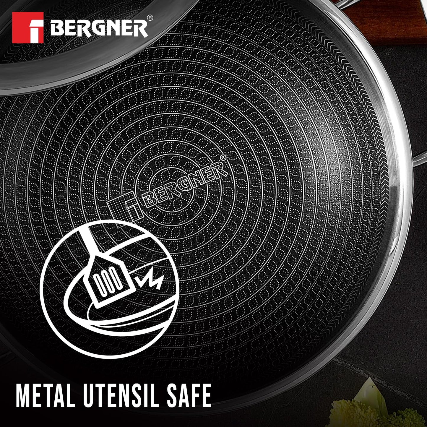 Bergner Hi-Tech TriPly Stainless Steel Kadai with Glass Lid | 20cm | 1.5 L | Non-Stick Coating |