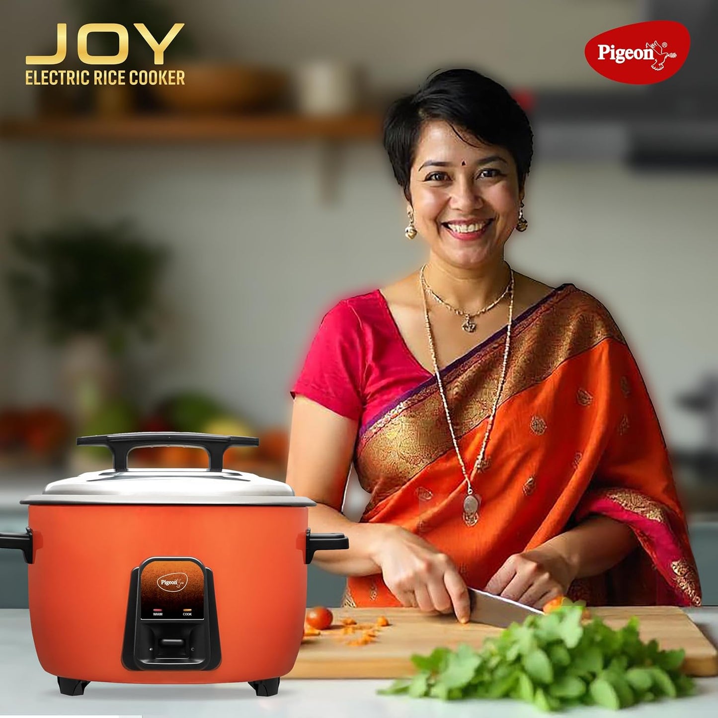 Pigeon Joy Rice Cooker | Single Pot | Orange | 4.2 litres | Stainless Steel Lid | Measuring Cup | Spatula |