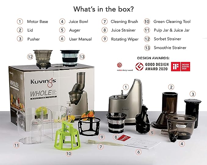 Kuvings Cold Press Whole Slow Juicer | B1700 Dark Silver + Smoothie and Sorbet Maker