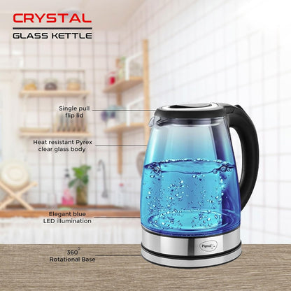 Pigeon Crystal Glass Electric Kettle | 1.8 Litre | Blue LED Illumination | 1500 Watts | Silver |
