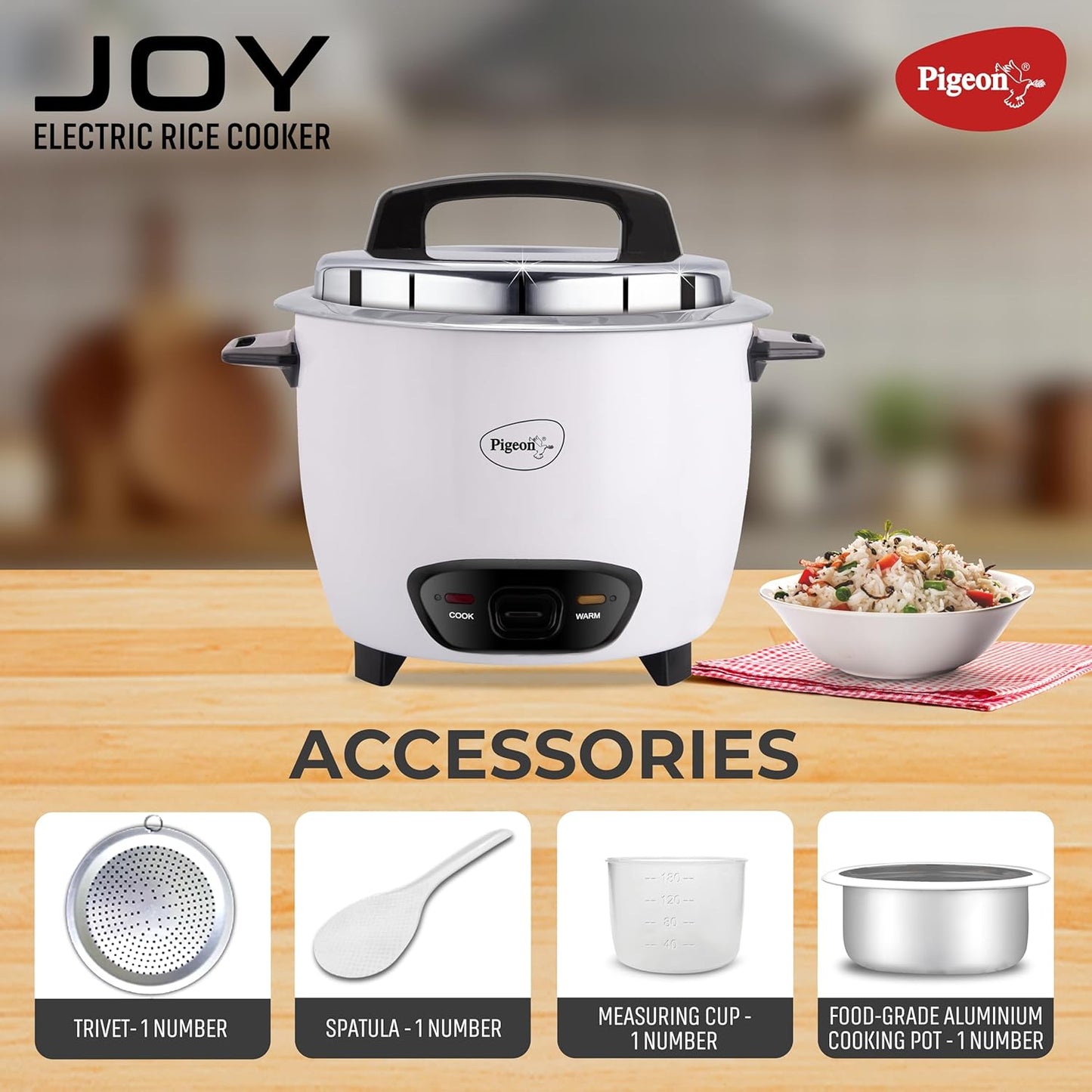 Pigeon Joy Rice cooker | 1 Litre | Aluminium Cooking Pot | Measuring Cup | Spatula | White |