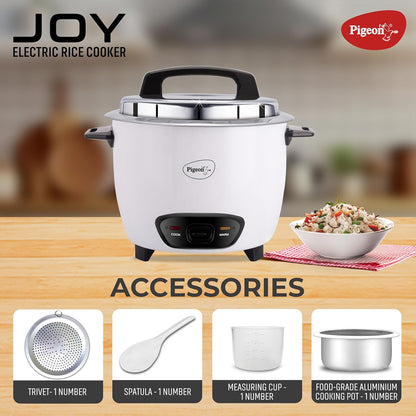 Pigeon Joy Rice cooker | 1 Litre | Aluminium Cooking Pot | Measuring Cup | Spatula | White |