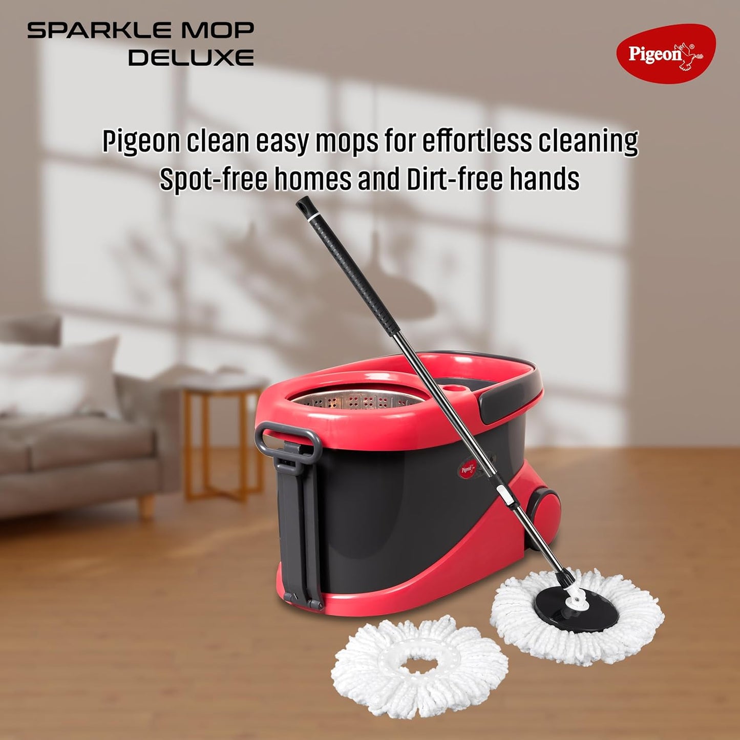 Pigeon Clean Easy Duster Shine Deluxe Mop with Wheel | Grey and Red |