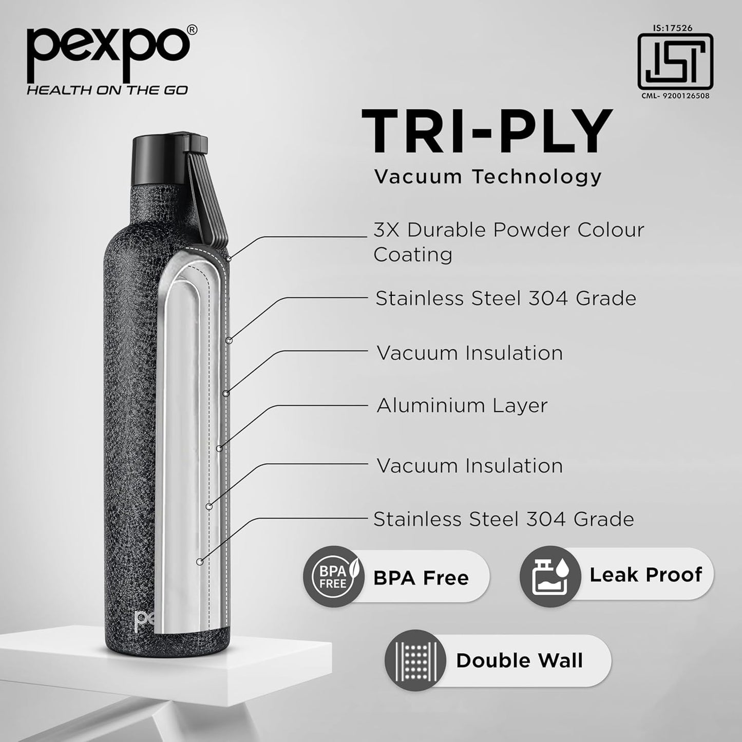 Pexpo Oslo Stainless Steel Water Bottle | 1 Ltr | Leak Proof |