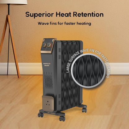 Havells 9 Fin Hestio Wave Fin OFR (Oil Filled Radiator) | Room Heater | 2400 W | 3 Heat Settings
