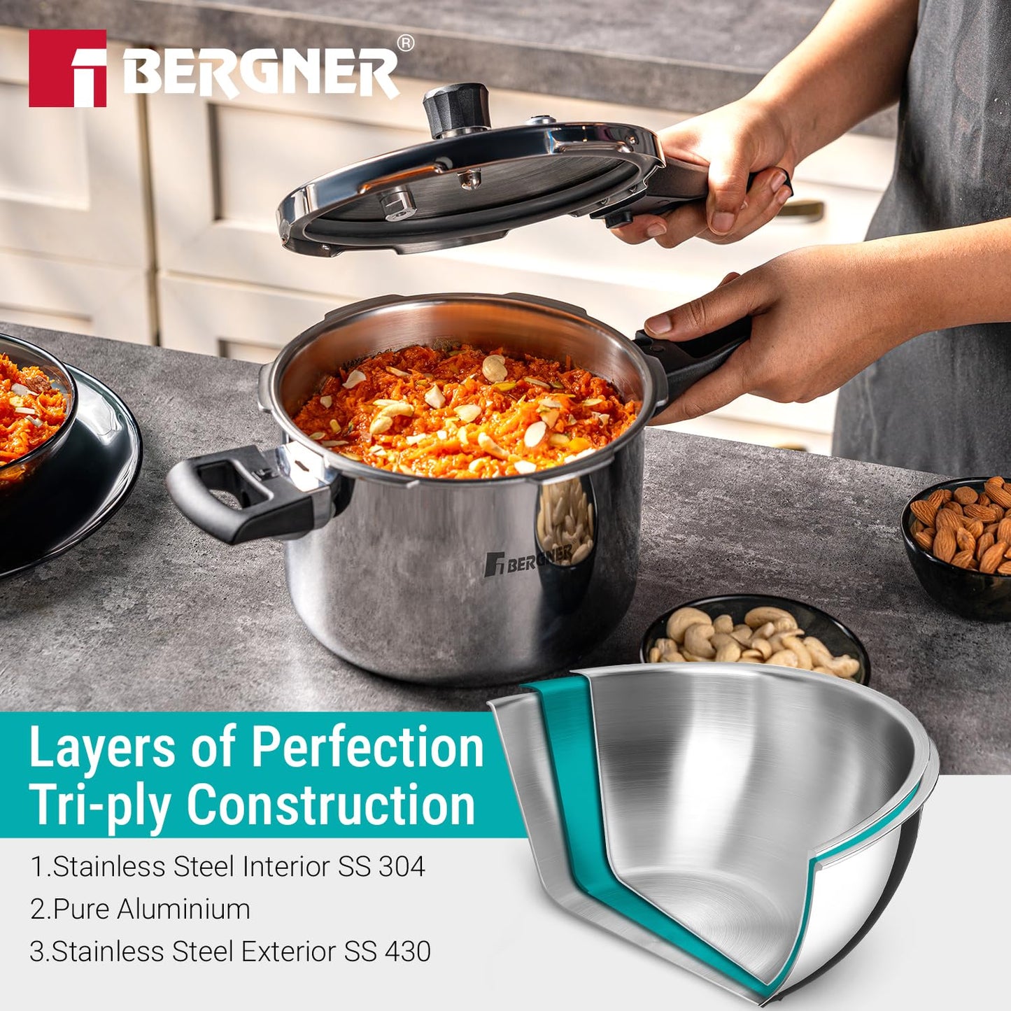Bergner Argent Triply Stainless Steel Pressure Cooker | 2.5 Ltr |