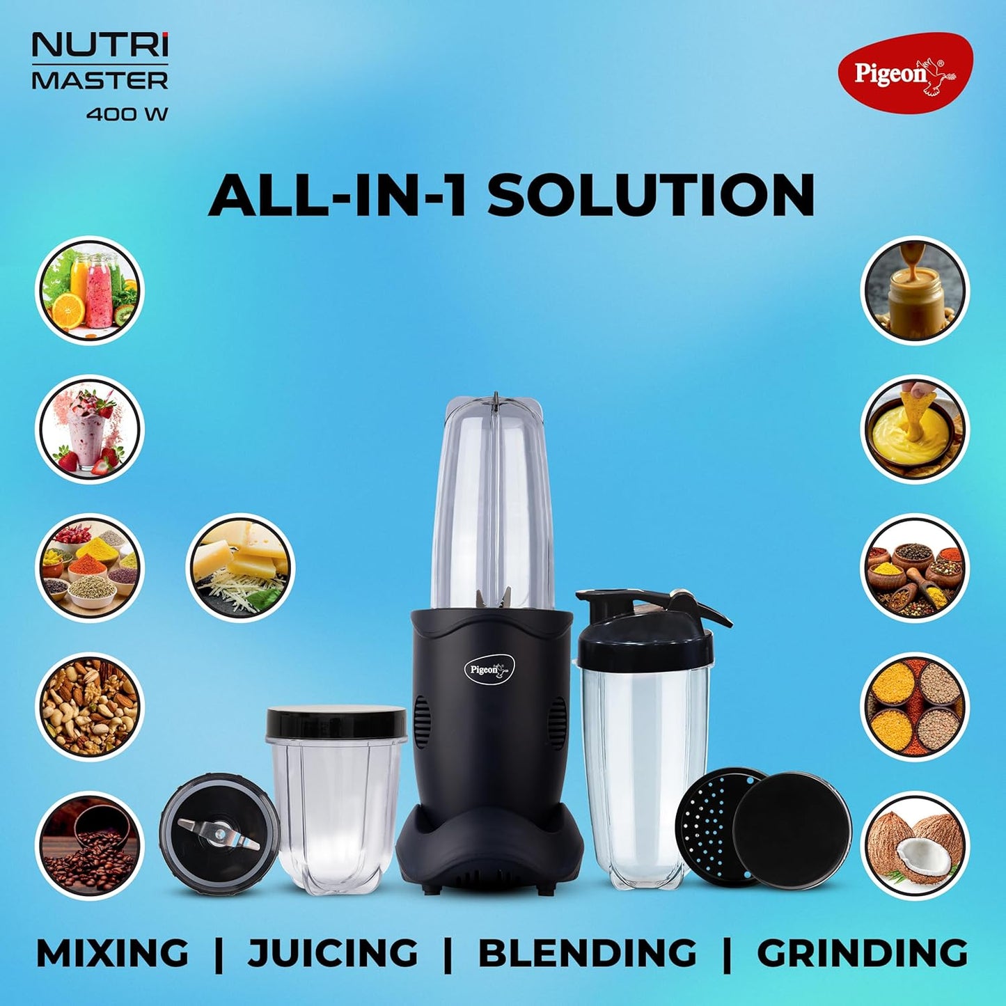Pigeon Nutri Master 3 Jars | Stainless Steel | Mixer Grinder, Juicer, Blender, Smoothie Maker All-In-1 Machine |