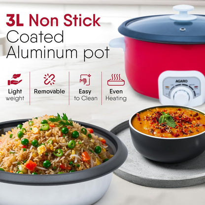 Agaro Regal Electric Multi Cooking Pot | 3L | Red | Adjustable Temperature | 1200W |