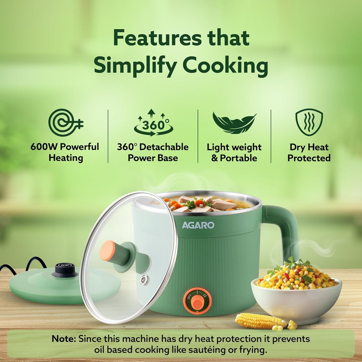 Agaro Regency Multi Cook Kettle With Steamer | 1.2 L | Sea Green | 600 W |
