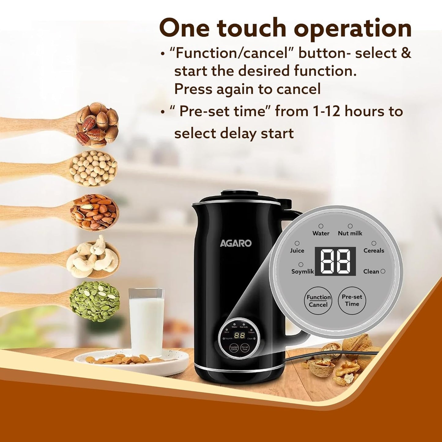 AGARO Regency Automatic Nut Milk Maker | Stainless Steel Body | 600ml | Black |