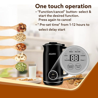 AGARO Regency Automatic Nut Milk Maker | Stainless Steel Body | 600ml | Black |