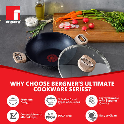 Bergner Ultimate Non-Stick Kadai with Glass Lid | 28 cm | Induction Base | Grey |