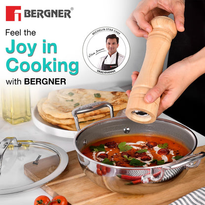 Bergner Hi-Tech Grio X Ceramic Kadai with Glass Lid | 20 cm | 1.5 Litres | Metal Spatula Safe |