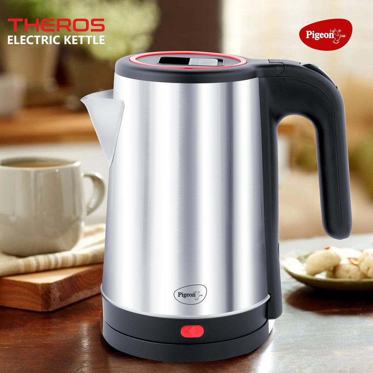 Pigeon Theros Stainless Steel Electric Kettle | 1.7 Litres | 1300 Watts | Heat Resistant Handle | Silver |