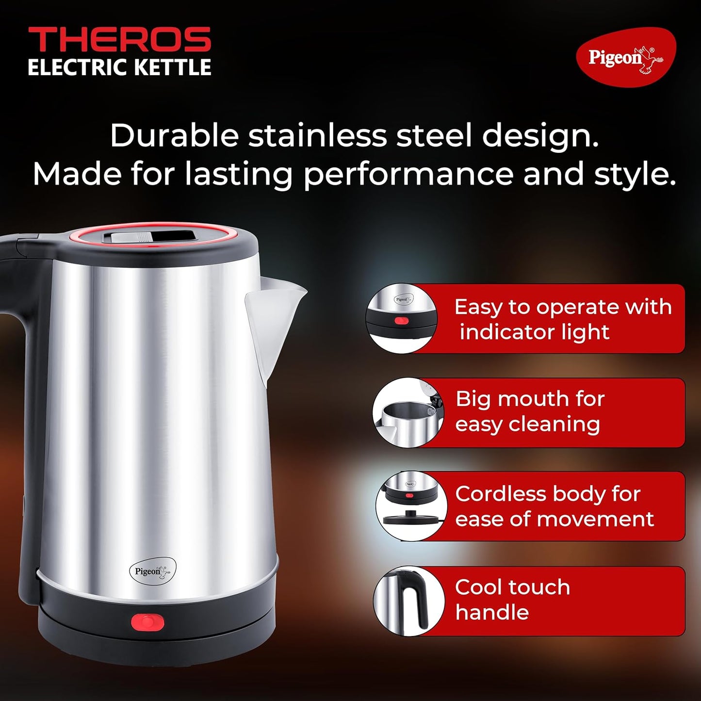 Pigeon Theros Stainless Steel Electric Kettle | 1.7 Litres | 1300 Watts | Heat Resistant Handle | Silver |