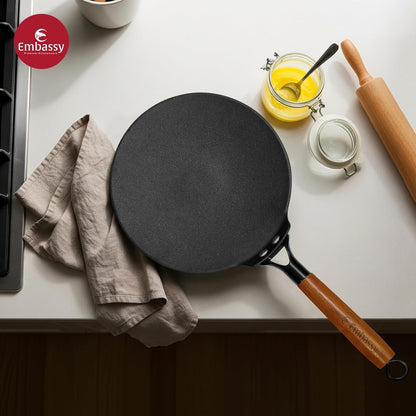 Embassy Touchstone Cast Iron Roti Tawa with Wooden Handle | Induction & gas Stove Compatible |