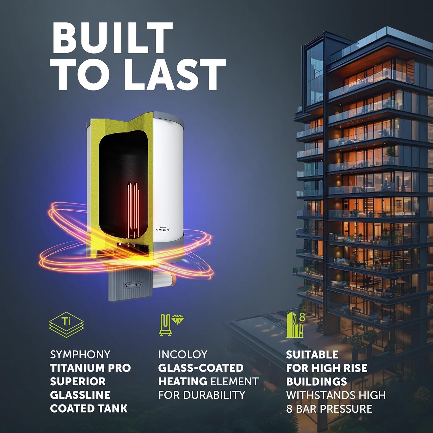 Symphony Sauna Geyser with PUROPOD Filter | White | Hairfall Control Smart Geyser