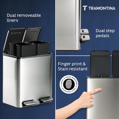 Tramontina 2-in-1 Dual Compartment Dustbin 16L (8L+8L) | Stainless Steel Wet & Dry Trash | Removable Inner Buckets |