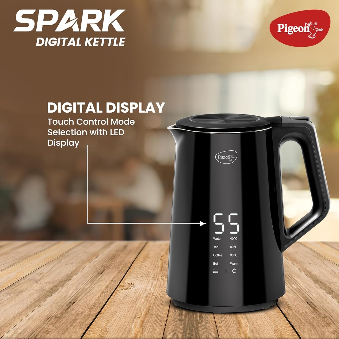 Pigeon Spark Digital Stainless Steel Double Walled Kettle | 1.5 Litre | 360 Degree Cordless | Black |
