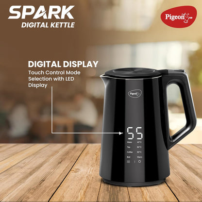 Pigeon Spark Digital Stainless Steel Double Walled Kettle | 1.5 Litre | 360 Degree Cordless | Black |