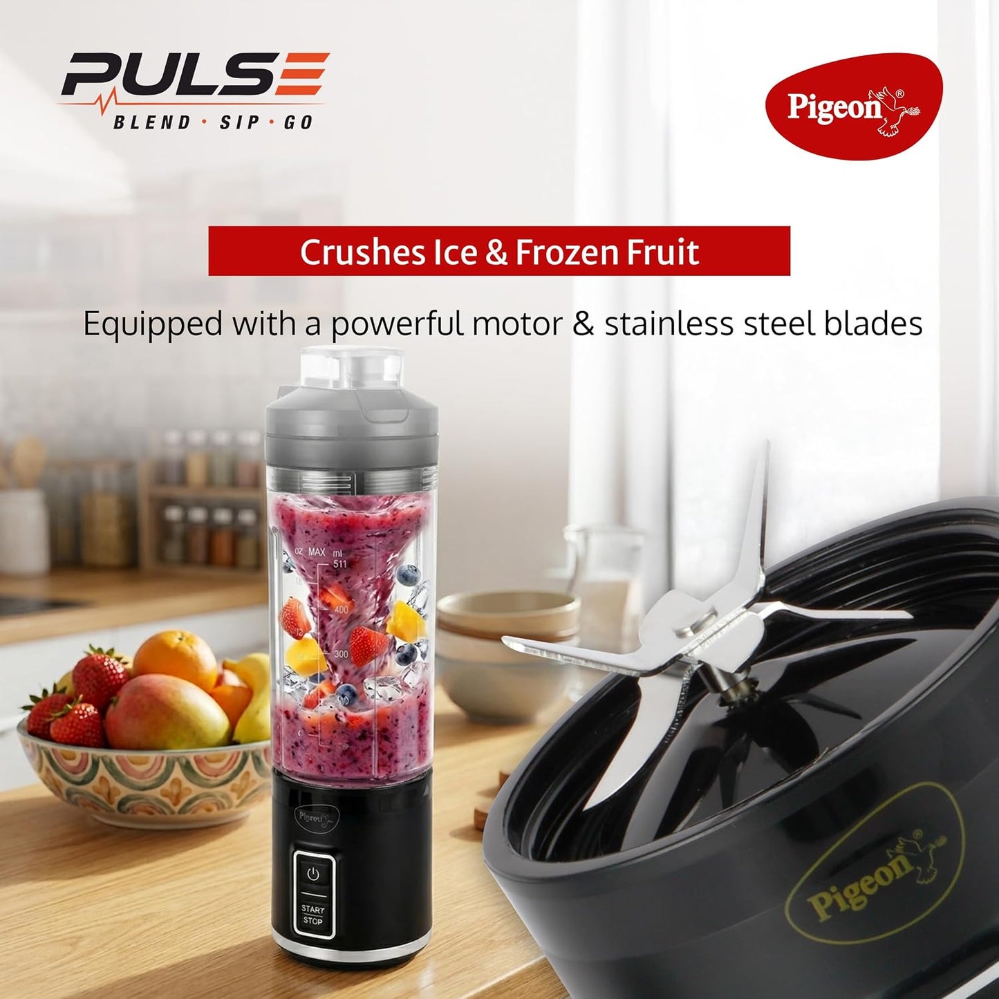 Pigeon Pulse Portable Cordless Blender | USB C Rechargeable | Ice and Frozen Fruit Crusher | Black |