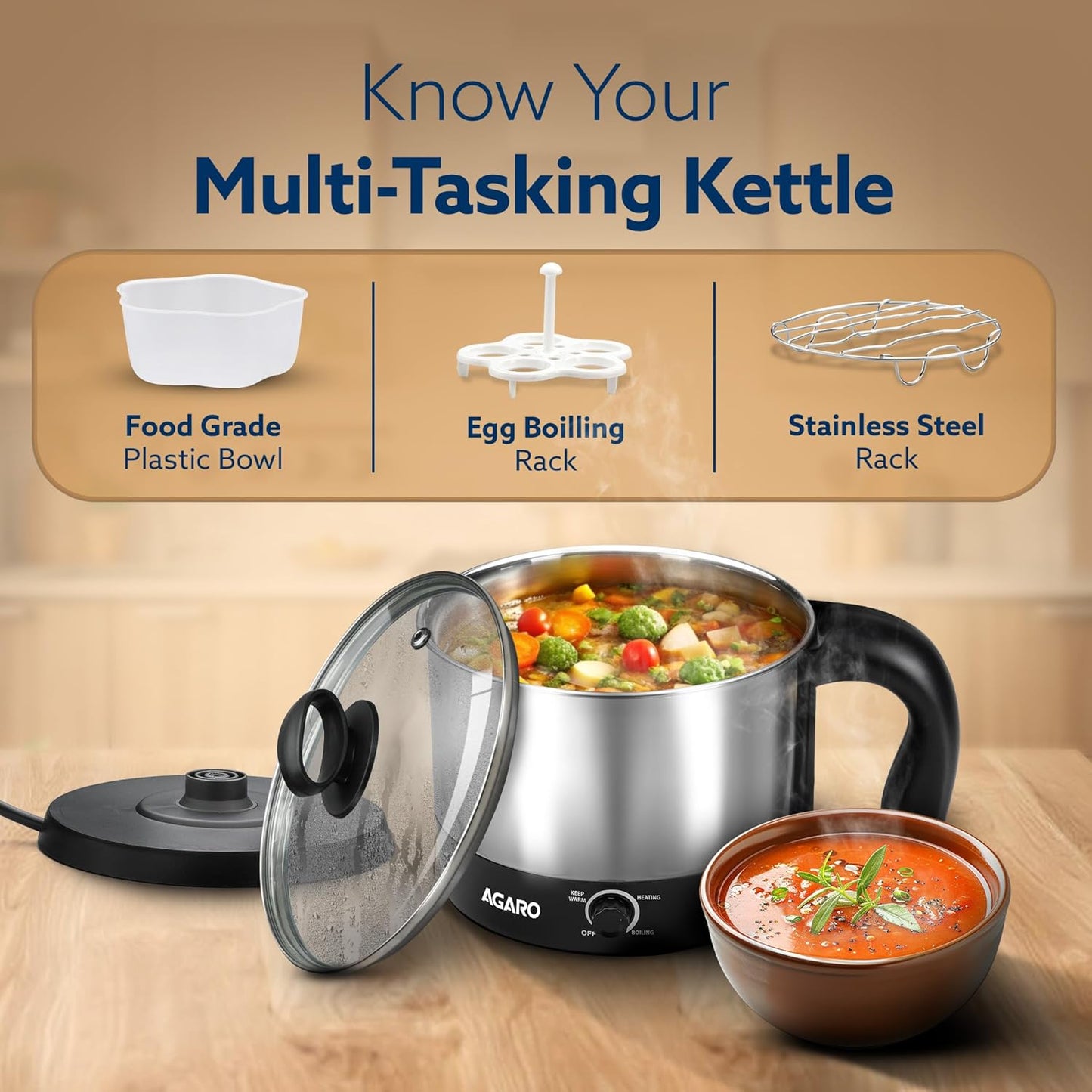 Agaro Esteem Electric Multi Kettle | Stainless Steel | 1.2L | Black |